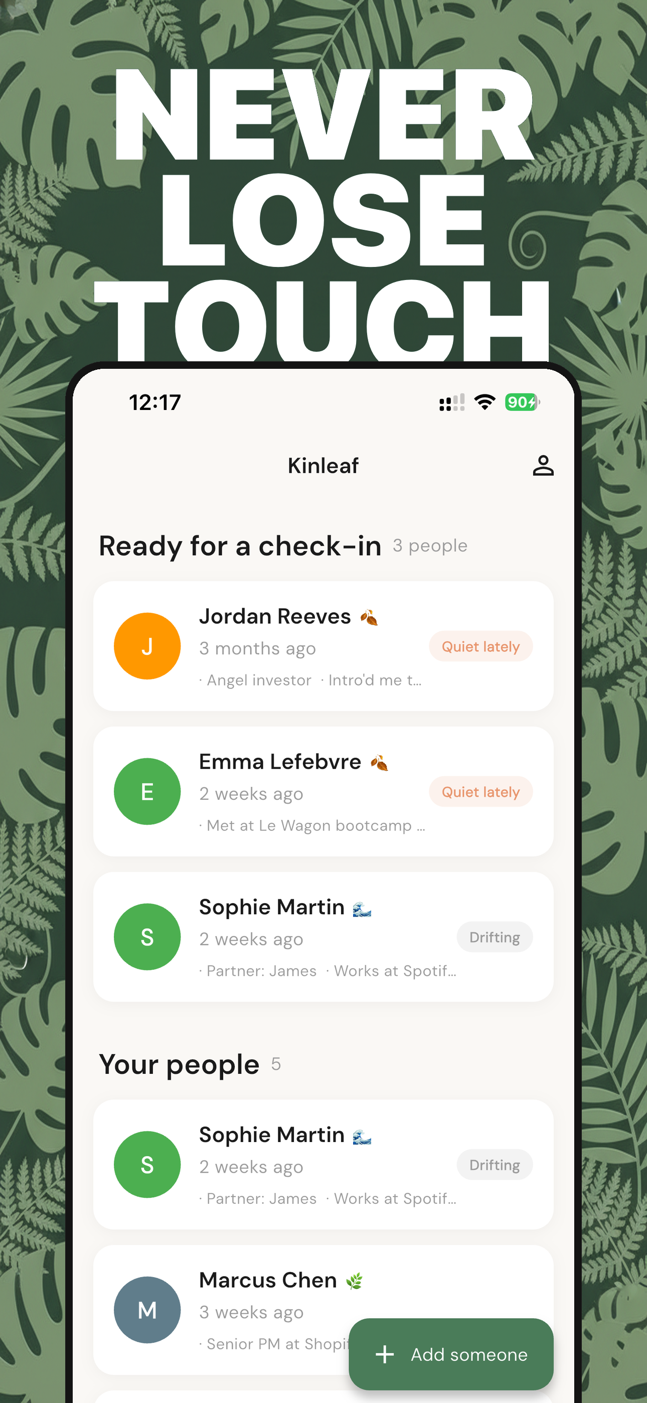 Kinleaf home screen showing your people at a glance